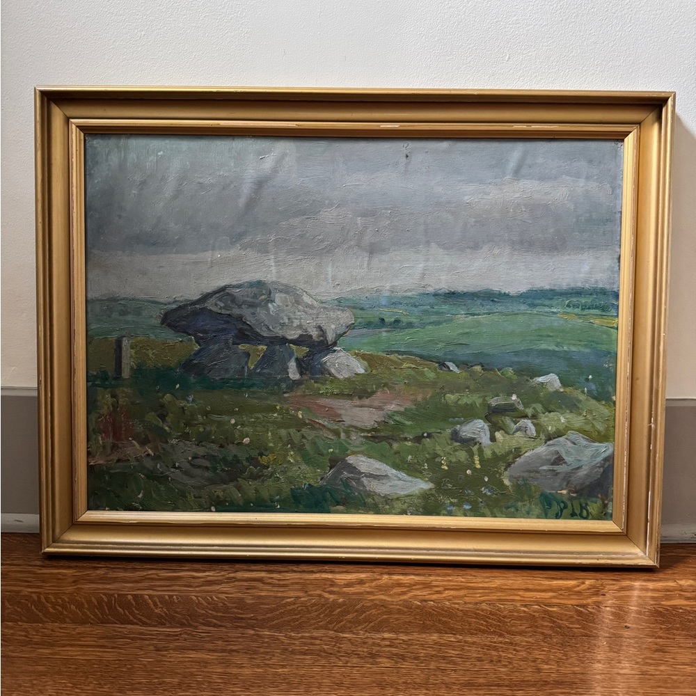 Vintage Antique Original Oil Landscape Painting with Gold Frame